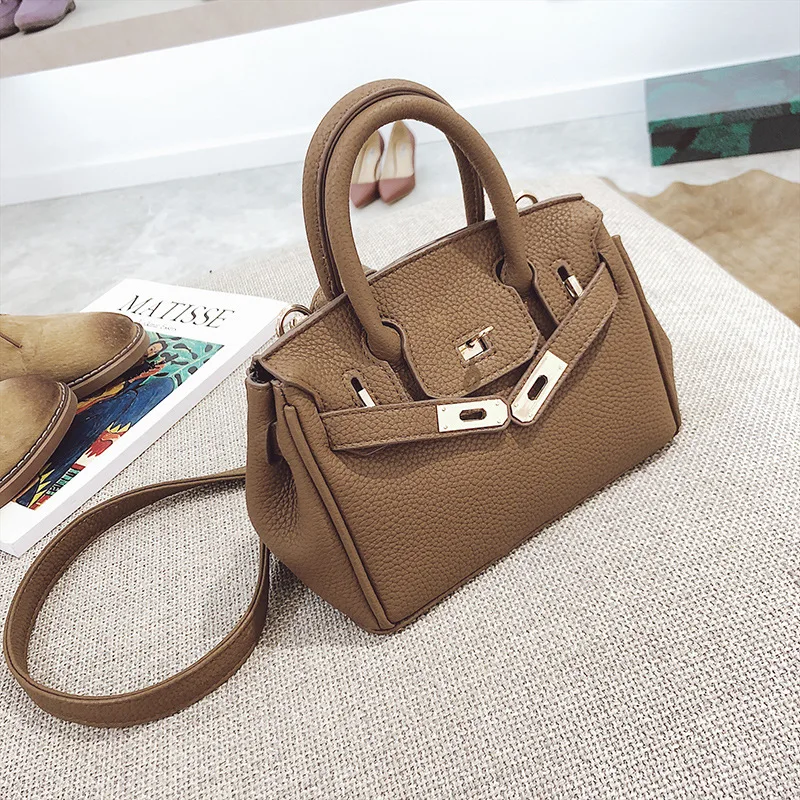 

FREE SHIPPING Buckle Bag Lichee Pattern Pu Leather Small Tote Solid Color Crossbody Bag Shoulder Purse