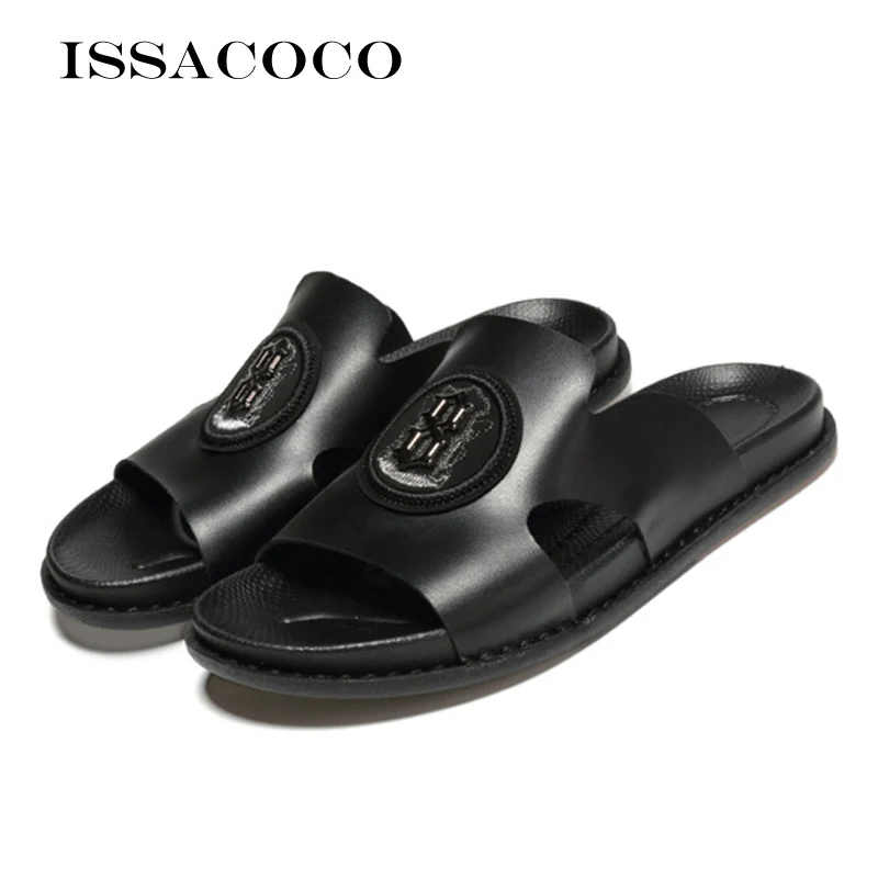 Black ISSACOCO натуральная кожа Woen для тапочки Женские Вьетнамки Высокое качество пляжные сандалии шлепанцы на нескользящей подошве домашние шлепанцы Zapatillas - Цвет: Black