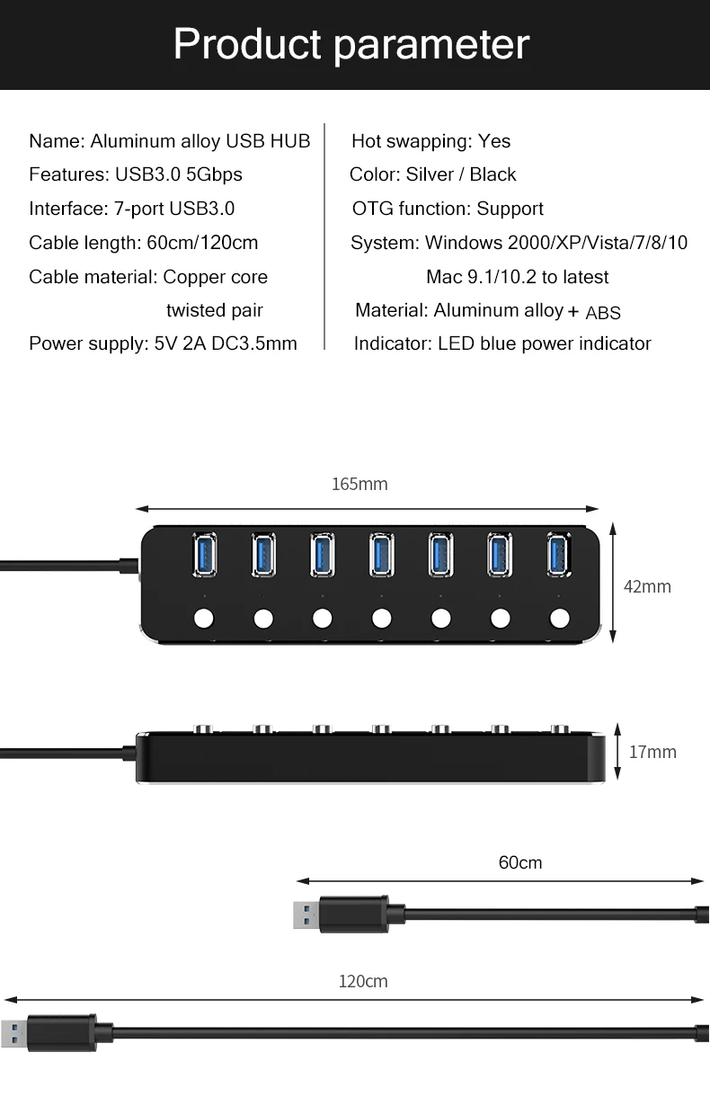 Алюминий 7-портовый концентратор USB 3,0 60/120 см составной детали спирального кабели управления переключатель 5 Гбит/с, светодиодный индикатор концентратор платные сплиттер для Мульти USB устройств