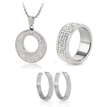 

Hot Sale Jewelry Set Stainless Steel Jewelry CZ Crystal Enamel Earring Necklace Ring Bridal Jewelry Set Choose Size of Ring