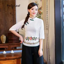 Новая Осенняя футболка из хлопка и льна с вышивкой