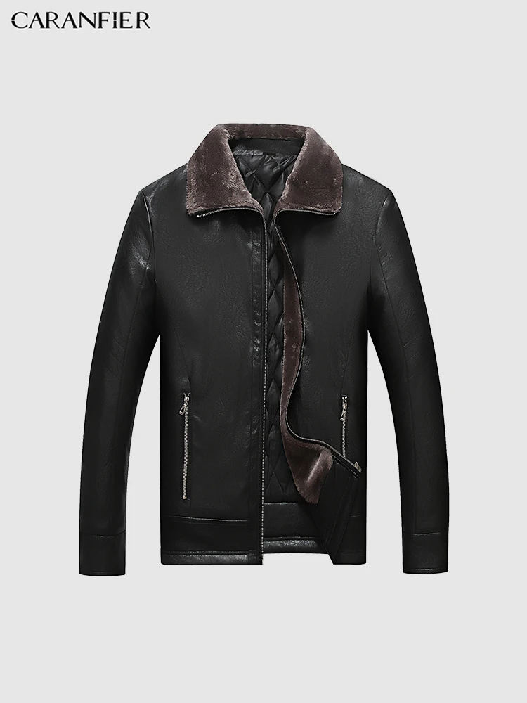 

CARANFIER Mens Leather Jacket Winter Warm Plus Velvet Thick Overcoat High Quality Business Outerwear Solid Fur Collar Male Coats