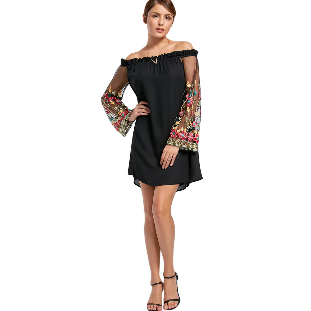 VESTLINDA Embroidery Flare Sleeve Off Shoulder Dress Women Summer Dress 2018 Short Mini Vestidos Black Tunic Dress Robe Femme 4