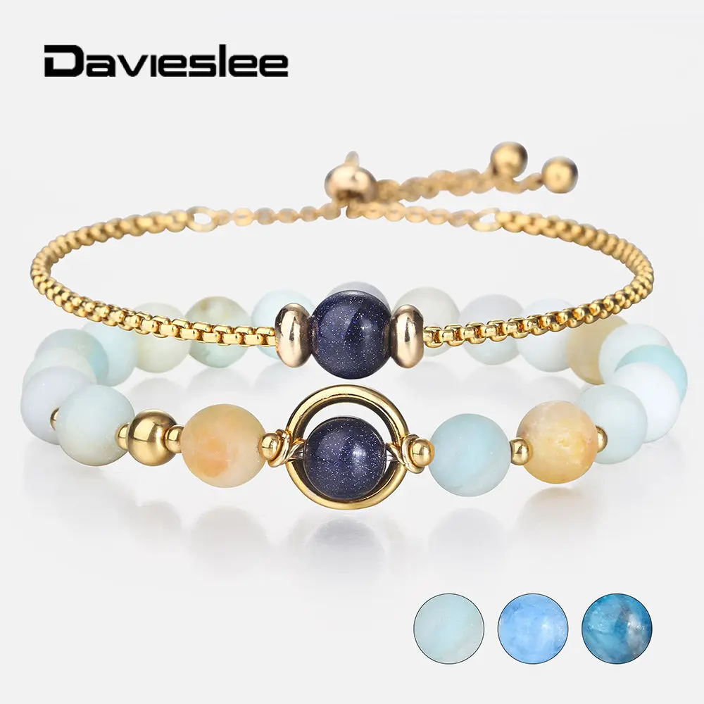 Davieslee 2Pcs/Set Natural Stone Beads Bracelet for Womens Girls Gold Color Stainless Steel Chain Jewelry Birthday Gift DDBM55