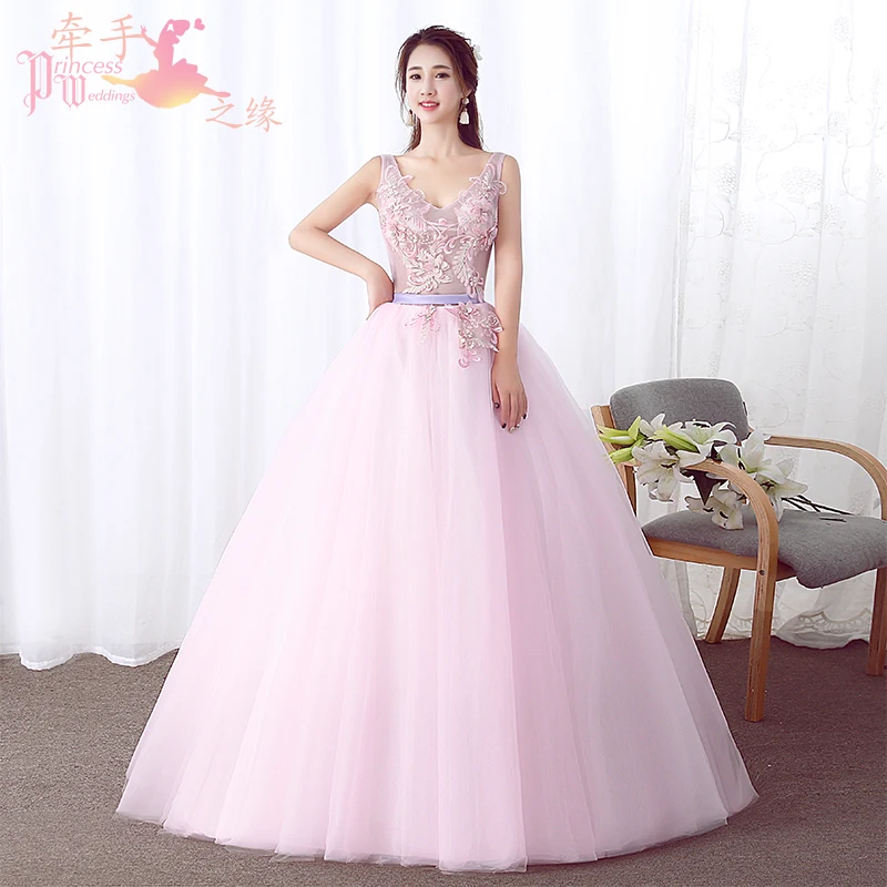 vintage prom dresses New Pink illusion sweat lady girl women princess bridesmaid banquet party ball dress gown light blue prom dresses Prom Dresses