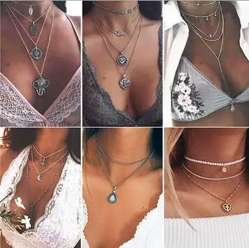 

2018 New Fashion Multi Layer Necklace Hand Necklace Necklace Boho Jewelry Retro Flower Tibetan Silver Layered Chokers Necklace