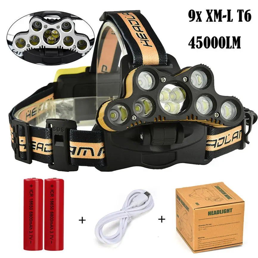 

CARPRIE 45000 LM 9X XM-L T6 LED Rechargeable USB Headlamp Headlight Travel Head Torch 2 x 18650 Battery 85*35*47mm 1123