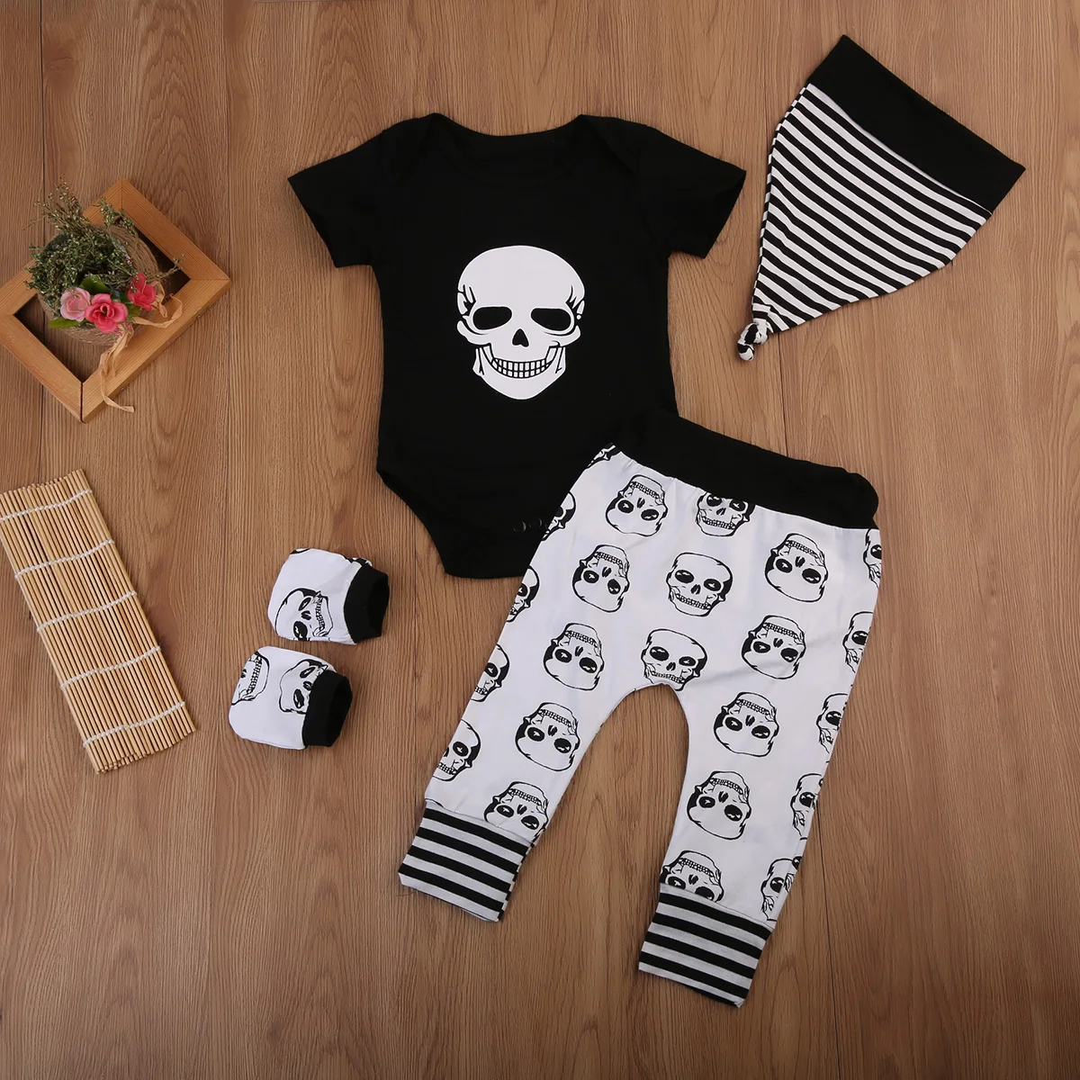 4PCS Newborn Baby Boy Girl Skull Clothes Set Cotton Bodysuit+Long Pants