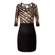 Sequin Dress Womens Vintage Leopard Back Howwlow Out O Neck Plus Size 3xl Three Quarter Sleeve Sexy Bodycon Party Dress 1866