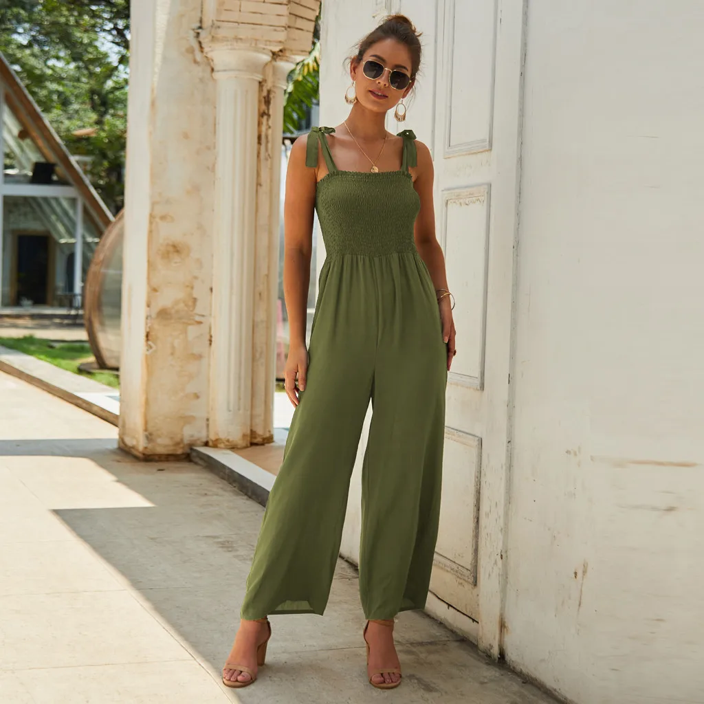 

Women Casual Jumpsuit Summer Women Fashion Casual Solid Sleeveless Camisole Ladies Wide Leg Long Jumpsuit Overalls For Women