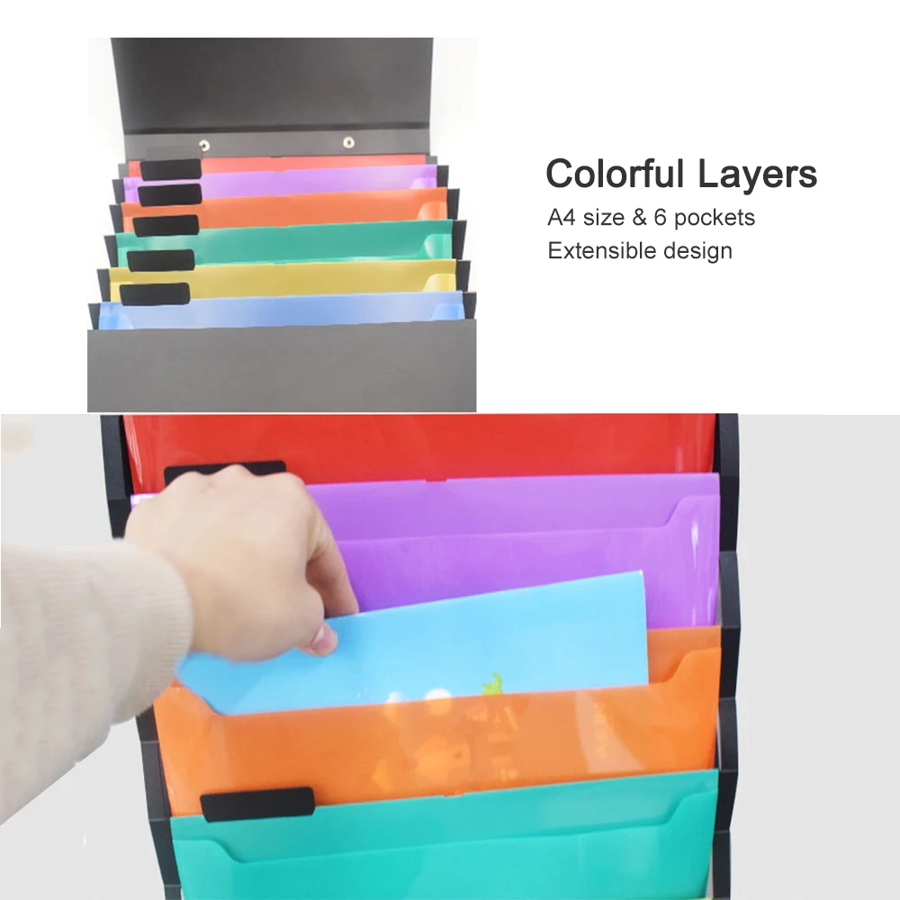 Multi-functional Hanging File Folder Holder Cascading Wall Organizer with Handle Hanger Hooks Colored Layers 6 Pockets A4 Size