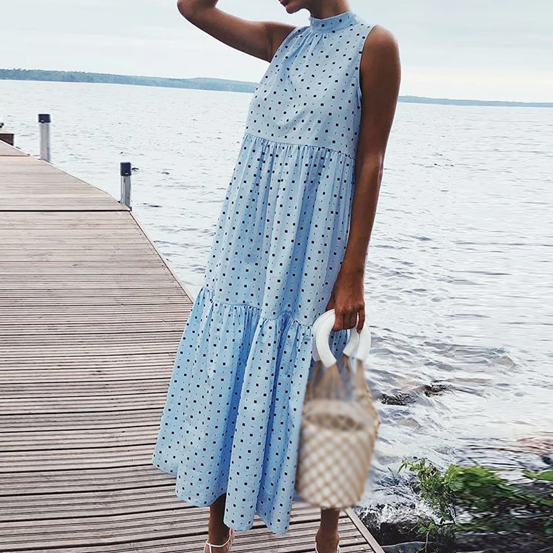 

Ladies Loose Maxi Dress Sleeveless Polka Dot Holiday Casual Summer Beach Boho