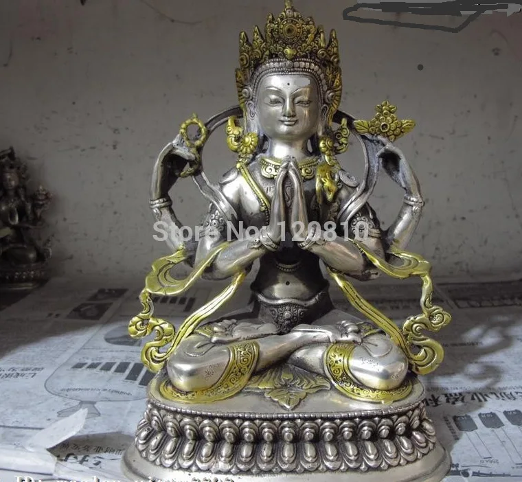 

Tibet White copper silver Four arms Guan Yin Kwan-yin Goddess Buddha Statue