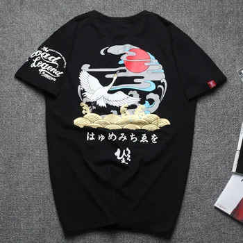 

Japanese style cranes chasing the sun print short sleeve t shirt Summer 2019 New quality cotton boutique funny t shirt men M-3XL