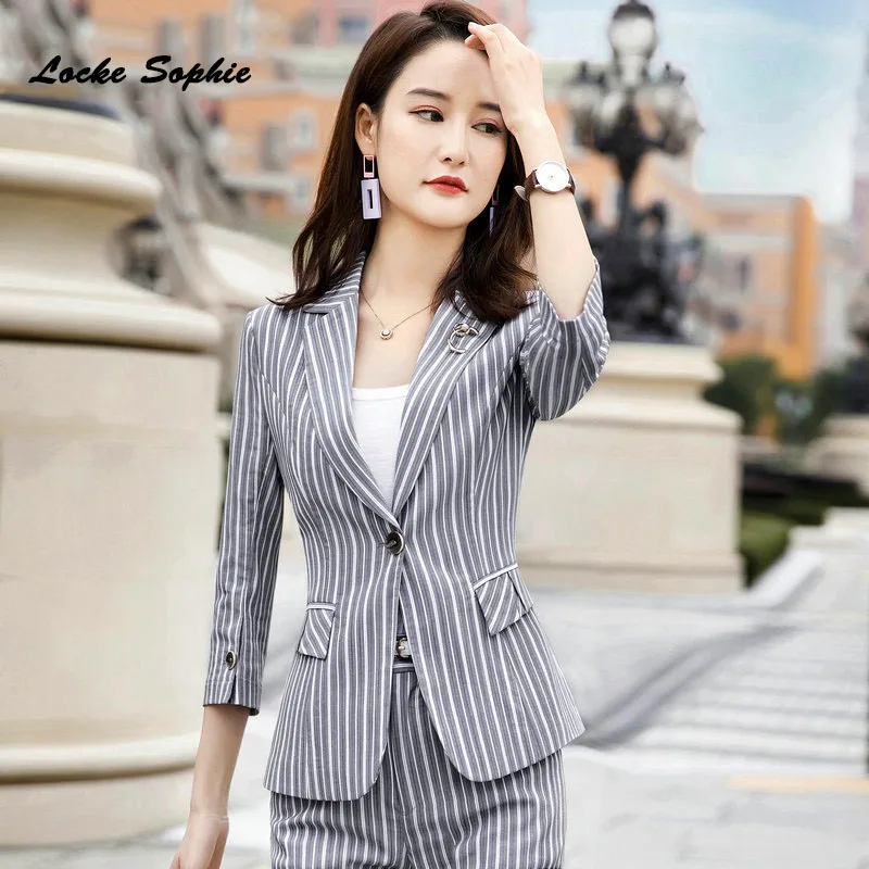 

1pcs Women's Plus size Blazers coats 2019 Summer cotton Single buckle stripe Suits jackets ladies Skinny Blazers Suits coats