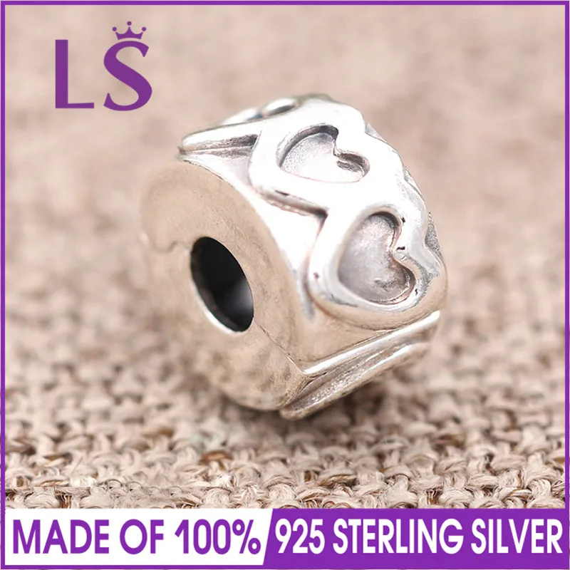

LS High Quality Genuine 925 Silver Row of Hearts Clip Beads Fit Original Bracelets Berloques Para Pulseira.DIY Fine Jewelry.W