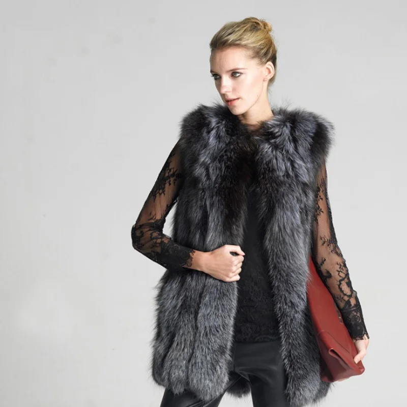  Hot silver Real Fox Fur Vest Winter Women Casual Warm Ladies Fur Coat bayan ceket long Sleeveless Fur Jacket Outerwear Clothing