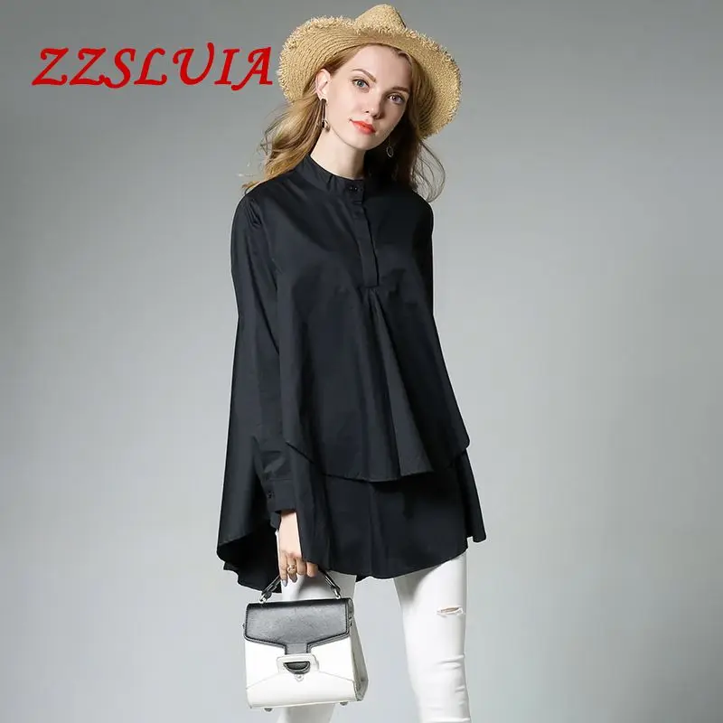 

High quality 2018 spring & autumn fashion plus size loose stand collar big size blouses loose long shirt women