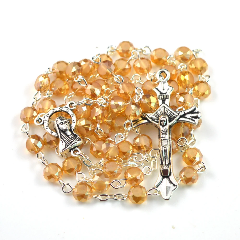 Buy Flat yellow crystal bead catholic rosary necklace