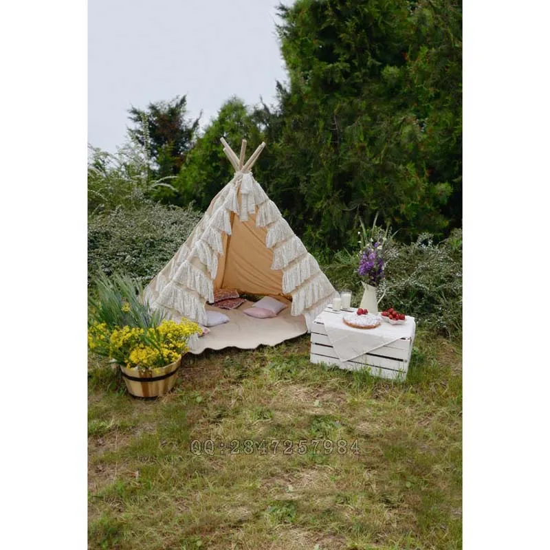 

Thin Vinyl Photography background tent camping childhood nature flowers newborn boy photo customize backdrops S-1362
