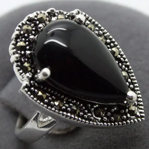 

15*23mm RARE VINTAGE NATURAL BLACK Natural jade 925 SILVER MARCASITE RING SIZ 7/8/9/10