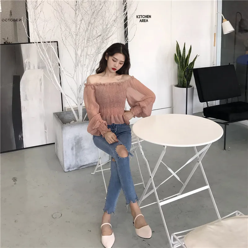 Shirts Women Slash Neck Lace Full Short Simple Elegant Ladies Korean Style Shirt Womens Slim Soft Chiffon Lantern Sleeve Shirt