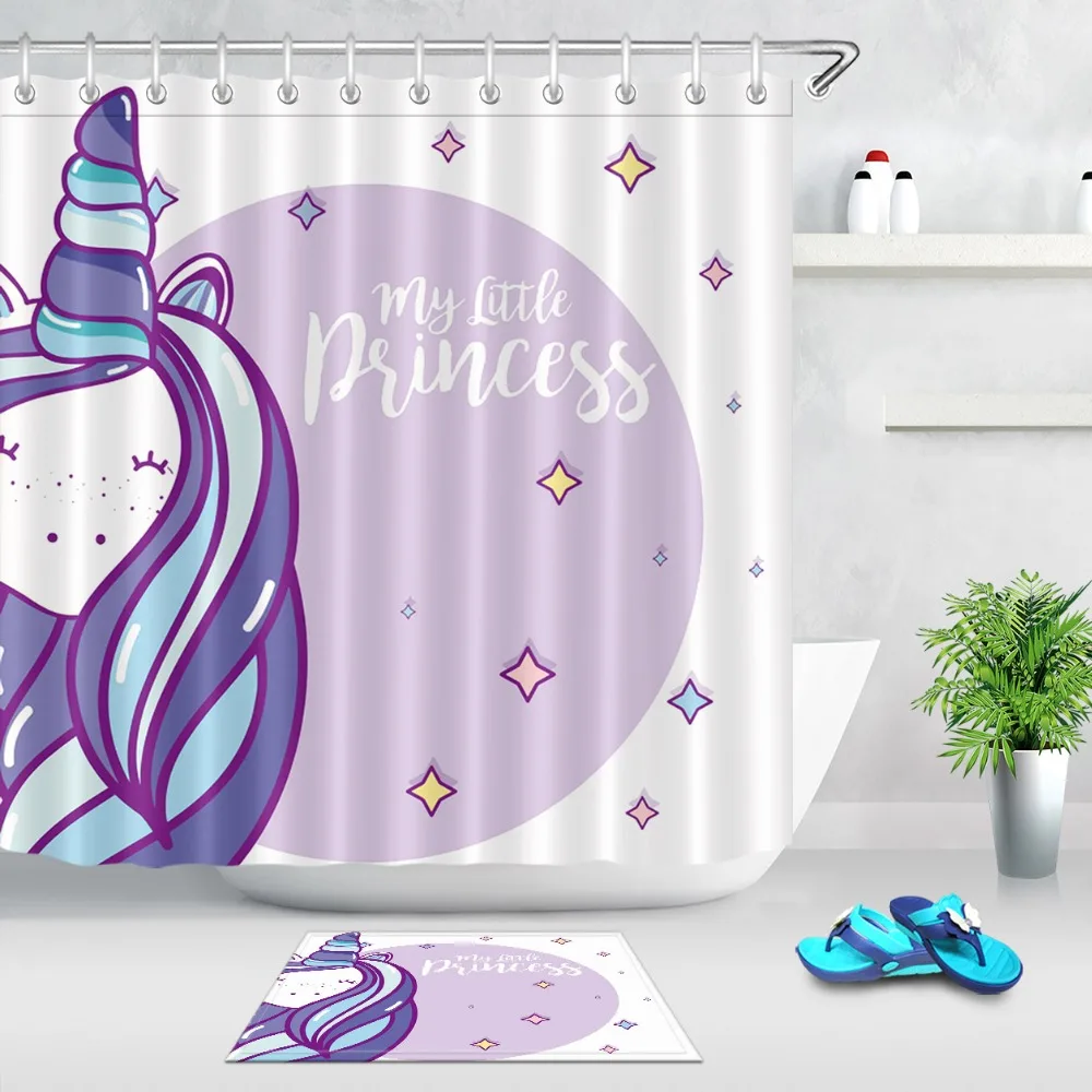 LB Cartoon Unicorn Girl Shower Curtain With Mat Set White Bathroom Extra Long Waterproof Polyester Fabric For Kids Bathtub Decor | Дом и сад