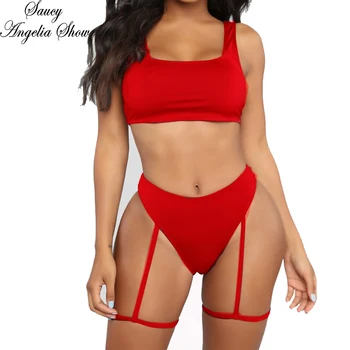 

SAUCY ANGELIA Women Swimwear New Sexy High Waist Leg Strap Thong Bikini Set GYM Swimsuit Bodycon Bandage Bathing Suit Beach Wear