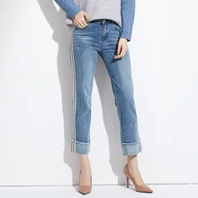 Новые весенние высококачественные женские корейский моды случайные Уайлд Высокая талия прямо 9 штанов светло-синие джинсы JQ600