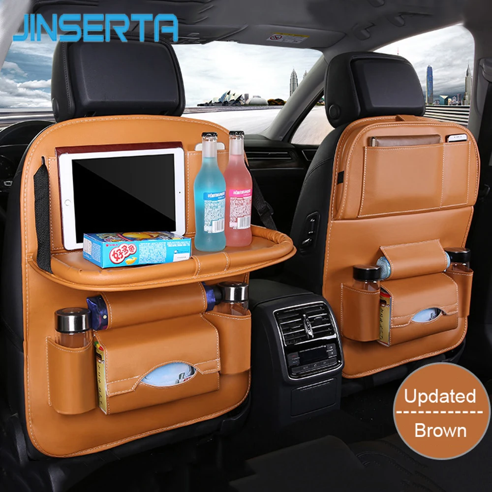 

JINSERTA Car Seat Back Bag Folding Table Organizer Pad Drink Chair Storage Pocket Box Travel Storage Bag Automobile Accessories