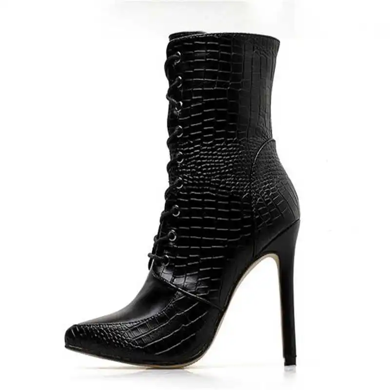 Women Ankle Spring/Autumn Boots PU Leather Pattern Pointed Toe Lace Up Thin High Heels Shoes Sexy Fashion Chelsea Boots