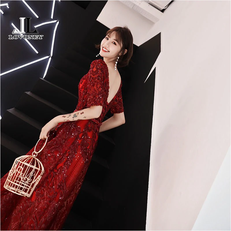 LOVONEY Elegant V Neck Sequins Evening Dress Long Open Back Half Sleeves Formal Party Dresses Evening Gown Robe De Soiree XYG821 LOVONEY Elegant V Neck Sequins Evening Dress Long Open Back Half Sleeves Formal Party Dresses Evening Gown Robe De Soiree XYG821