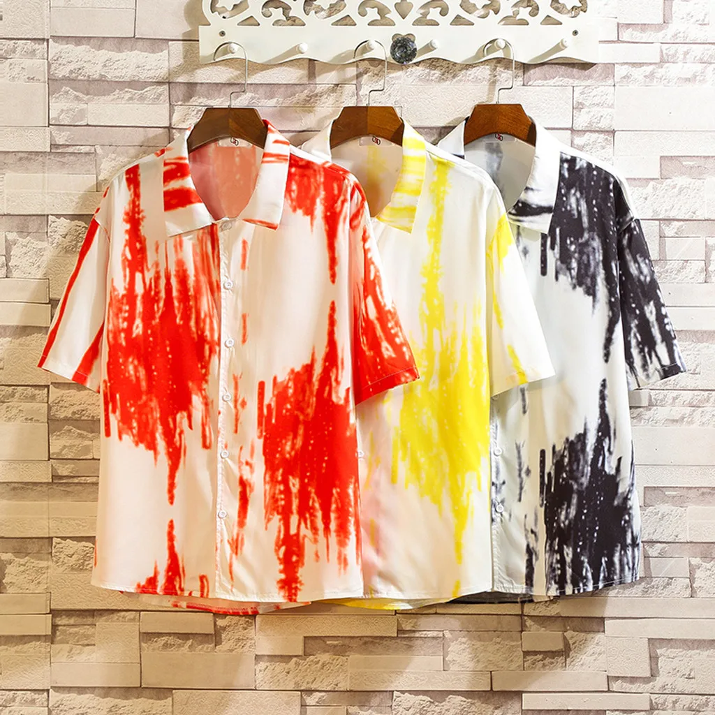 Летняя мужская рубашка Camisa Повседневная гавайская рубашка с короткими рукавами и принтом свободная Мужская блузка с отворотом Топы уличная Camisa masculina
