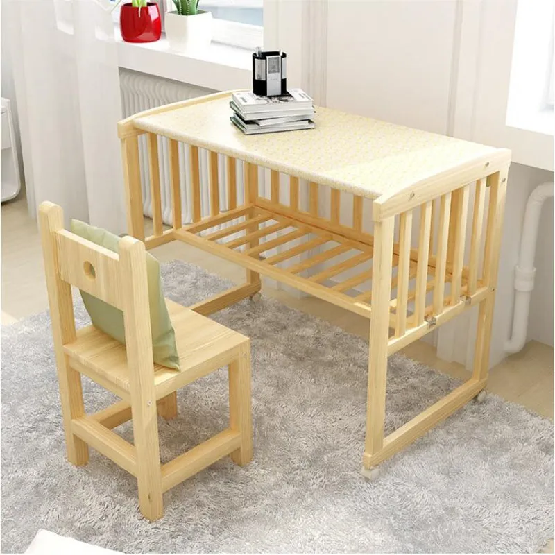 Baby Cribs Natural Wooden Cradle Can Change to Desk Rocking Chair Children Bed 0-3 Years Baby (Free Gift:Mosquito Net)