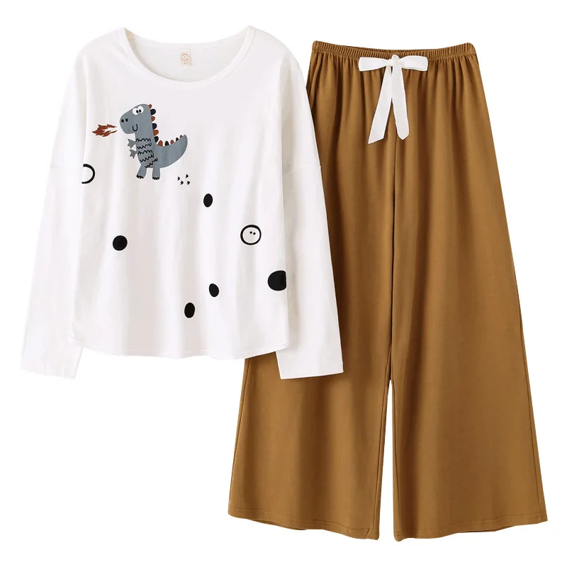 

2018 Autumn Women Sleepwear Suit Round Neck Long Sleeve Home wear Cotton Pajamas Cartoon print Sleep Lounge Pyjama Femme