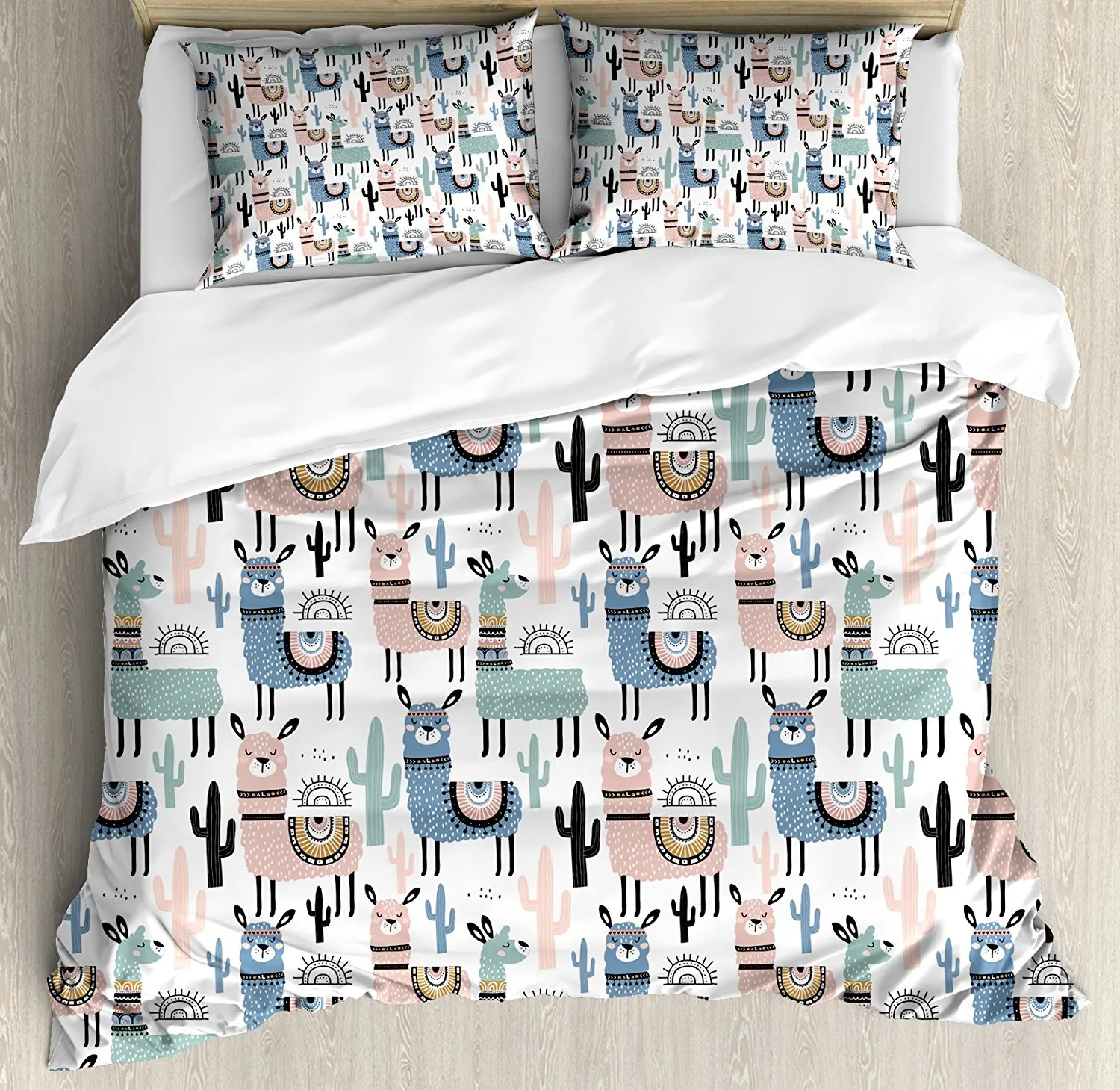 

Llama Duvet Cover Set Children Cartoon Style Hand Drawn South American Animals Alpacas and Llamas Design 4 Piece Bedding Set