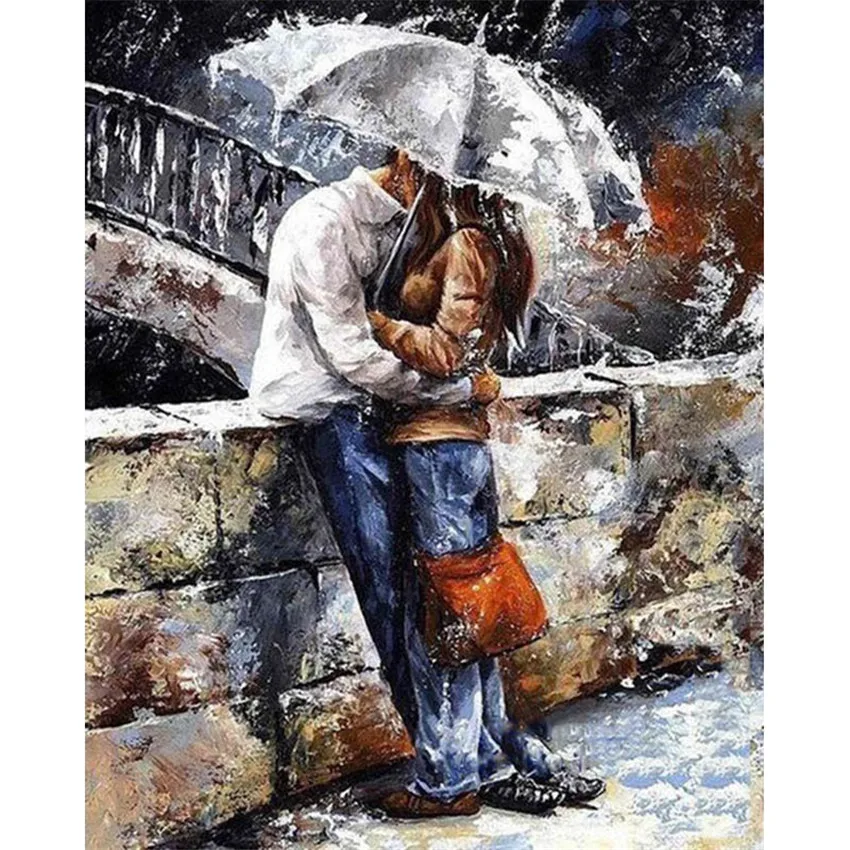 

DIY Digital Painting By Numbers Package Lovers in the rain oil painting mural Kits Coloring Wall Art Picture Gift frameless