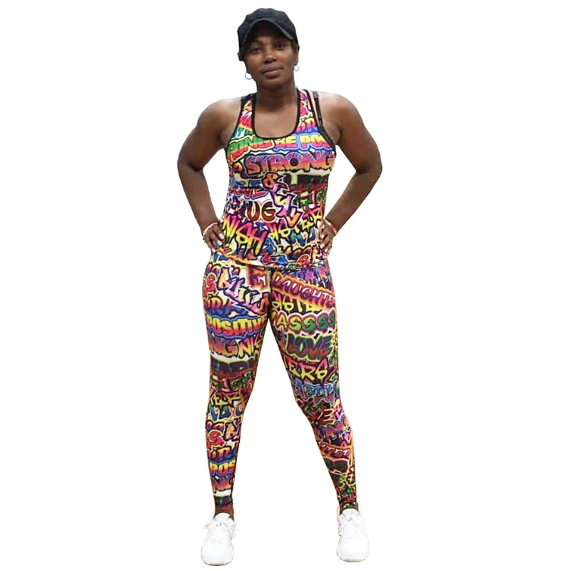 

Graffiti Letter Printed Bodycon Bodysuit Tank Long Pants Sweat Suit Two Piece Set Bandage Outfits Matching Sets Streetwear 2019