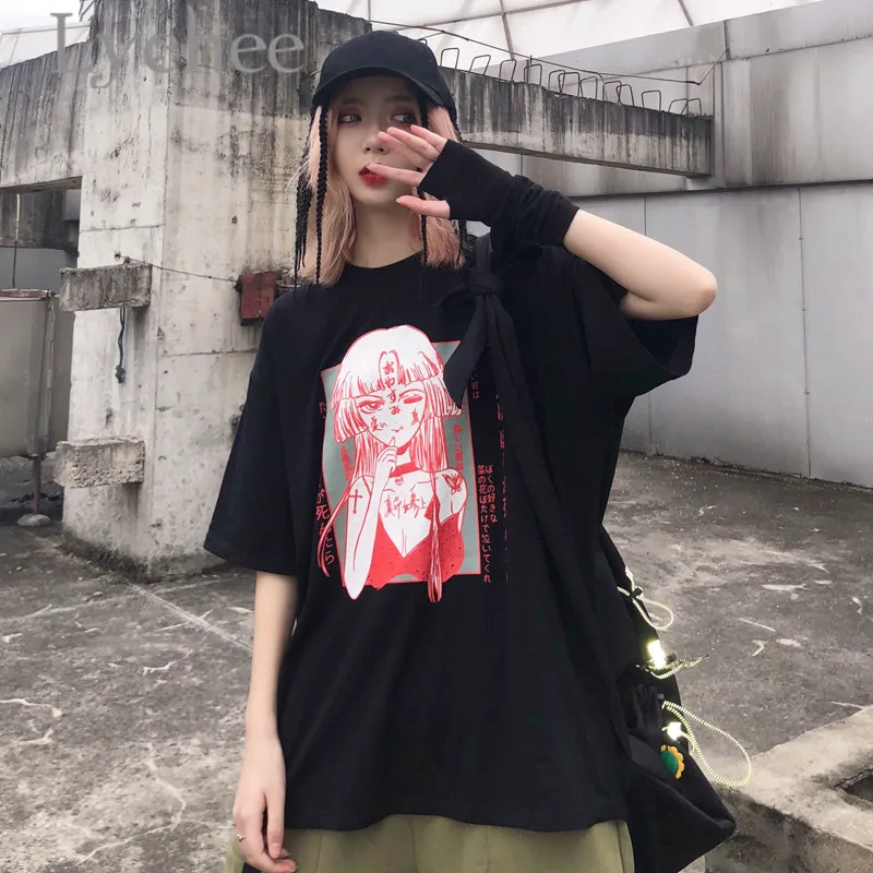 Lychee Harajuku Японская темная девушка принт Женская футболка футболки короткий рукав вырез лодочкой свободные лето весна женские футболки