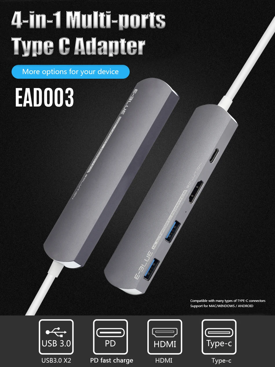 

USB-C Hub 4-in-1 Multi-ports Type C Adapter 2USB 3.0 Port HDMI PD Port Type C Charging Cable Connecting Adapter for Macbook Pro
