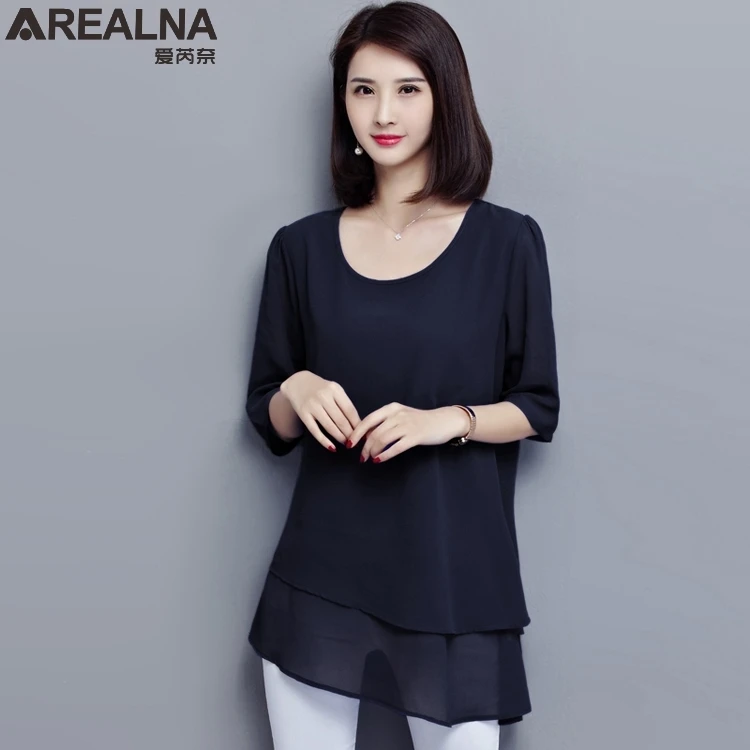 

2019 summer half Sleeve Fake Two Pieces office women blouse long shirt women tops Loose Plus Size chiffon blouse blusa feminina