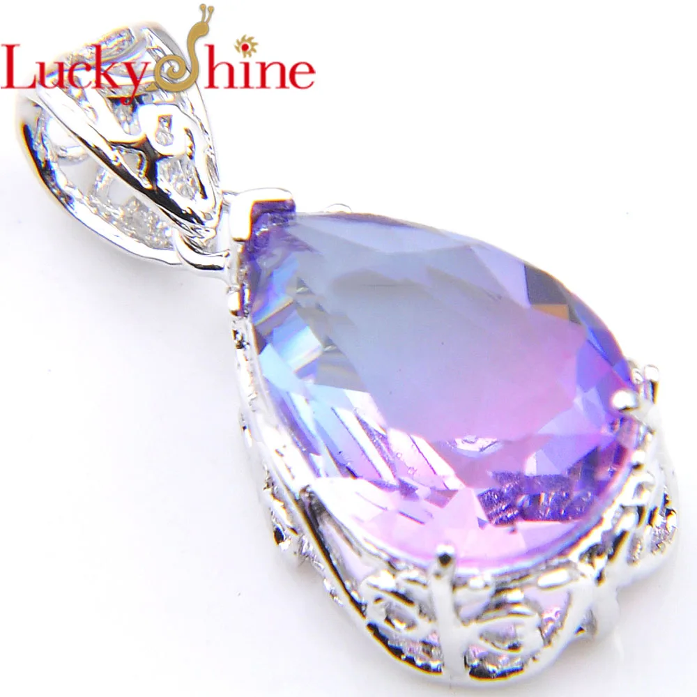

luckyshine Fashion Top Gradient BI-COLORED Tourmaline Waterdrop Crystal Zirconia Silver Women Engagement Gift Pendant Necklace F