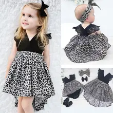 0 7Y Fashion Baby Girl Clothes Leopard Suit Lace Ruffles Sleeve Romper Dress Headband 2pcs Outfit