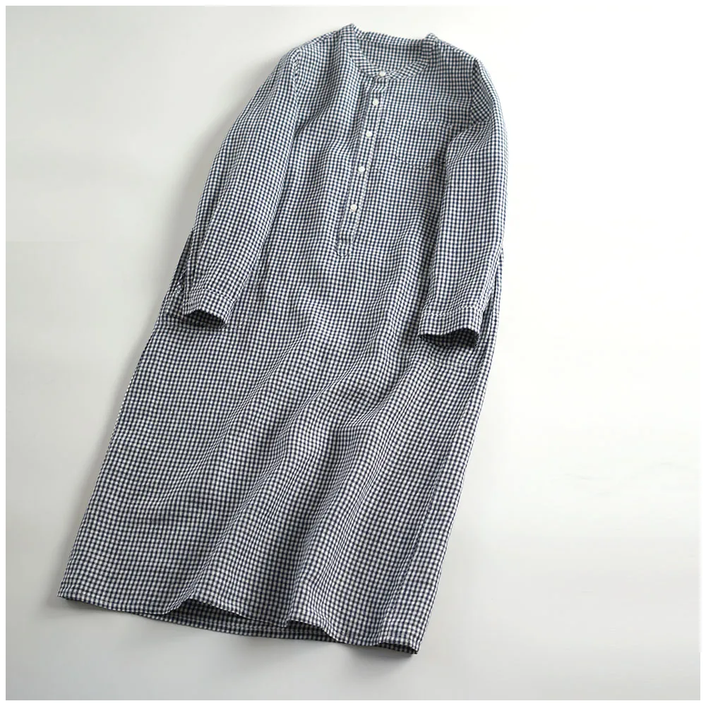 

Spring Autumn Women Loose Plus Size Brief Comfortable Plaid Water Washed Linen Dresses