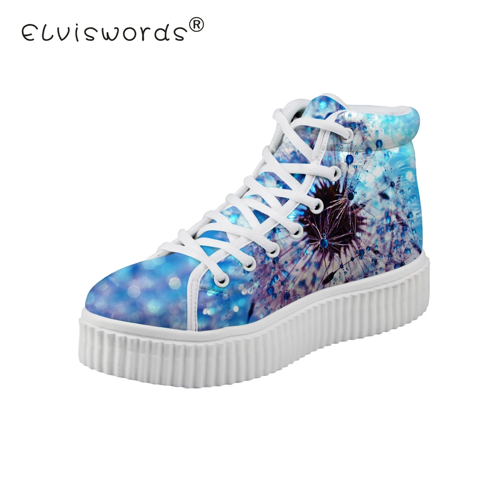 

ELVISWORDS Women's Casual Flat Shoes Ladies Blue Dandelion Prints High Top Flat Platform Shoes for Teenager Floral Zapatos Mujer