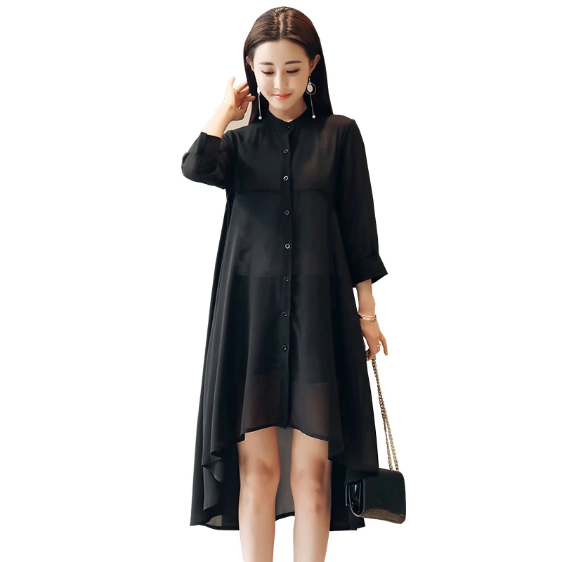 2019 Summer Chiffon Blouse Women Stand Collar Loose Tops Blouses Plus Size Chiffon Kimono Cardigan boho Black White Shirts