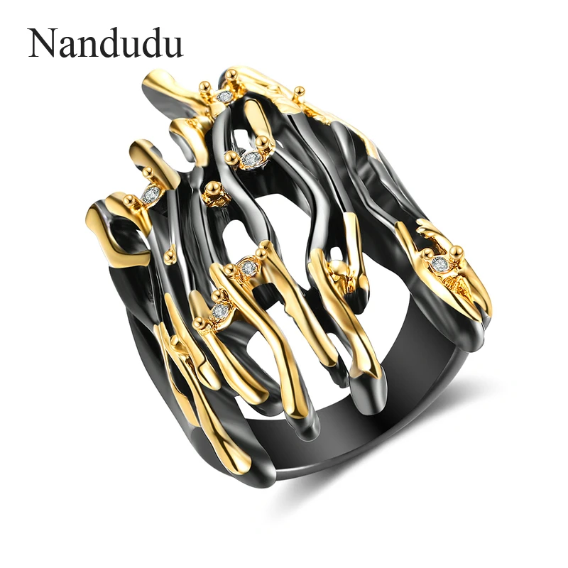 

Nandudu Black Gun Yellow Gold Double Color Punk Ring Branch Design Half Finger Ring Hyperbole Big Rings Jewelry Gift R2008