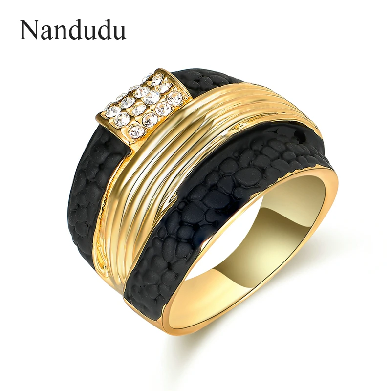 

Nandudu Gold Color with Black Stone Clear Crystal Rings Jewelry Gift for Women Girl Christmas New Year Accessories R1913