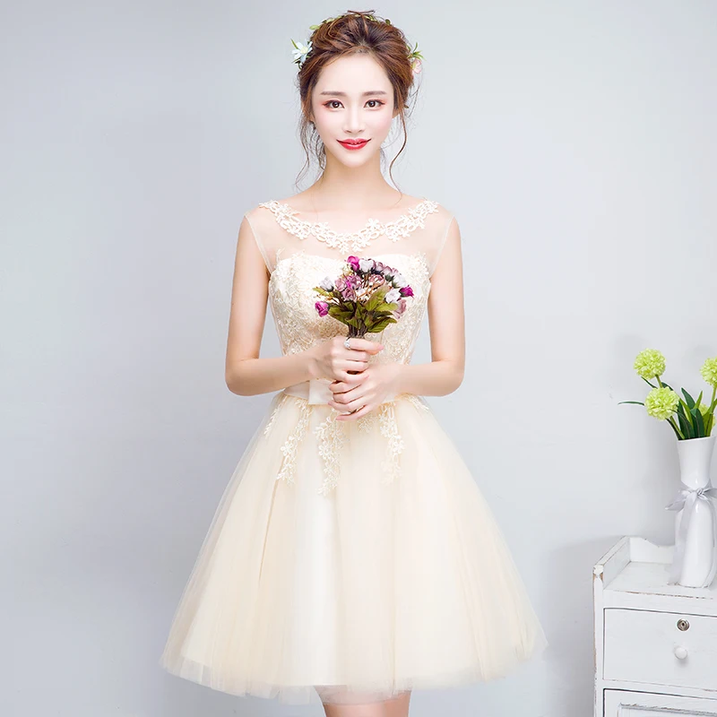 Vestido de festa/Новинка; кружевные платья подружки невесты цвета шампань; короткое платье без рукавов с цветочной вышивкой; дешевый Выпускной вечернее платье; платье до 50