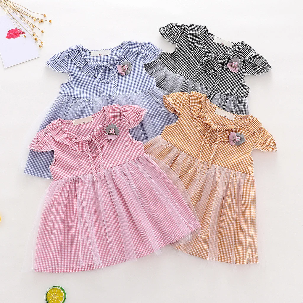 

Girl's Dress Personality Plaid Print Flowers Cute Bow Sweet Mesh Girls Fly Sleeve Plaid Print Flower Bow Tulle Princess Dress F4